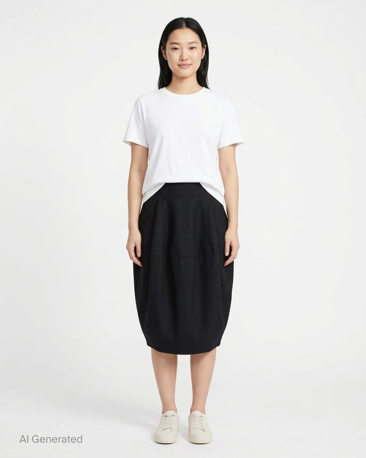 Jacquemus La Jupe Ovalo black woven midi skirt with sculpted rounded silhouette and pleated waist, front view - front
