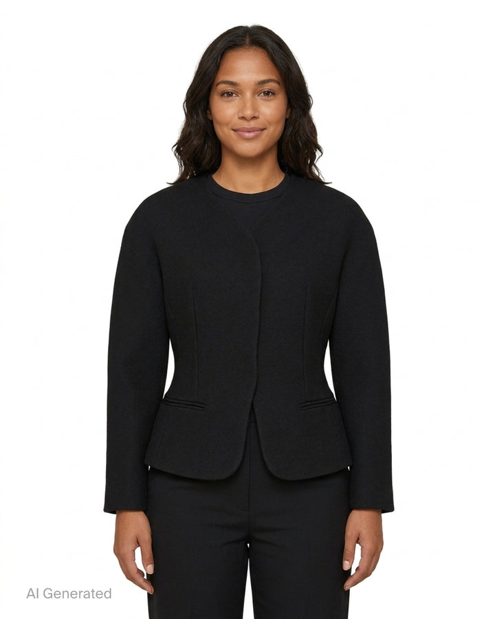 Jacquemus La Petite Veste Ovalo black collarless jacket with rounded shoulders, cinched waist and flared hem, shown from the front - front