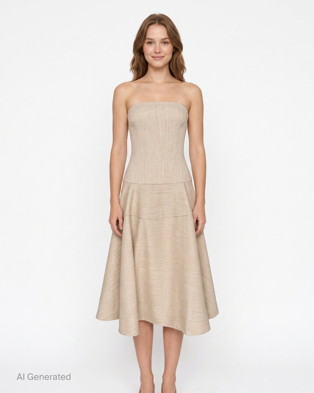 Jacquemus La Robe Paradiso strapless woven midi dress in oatmeal with a fitted bodice and flared asymmetric skirt - front