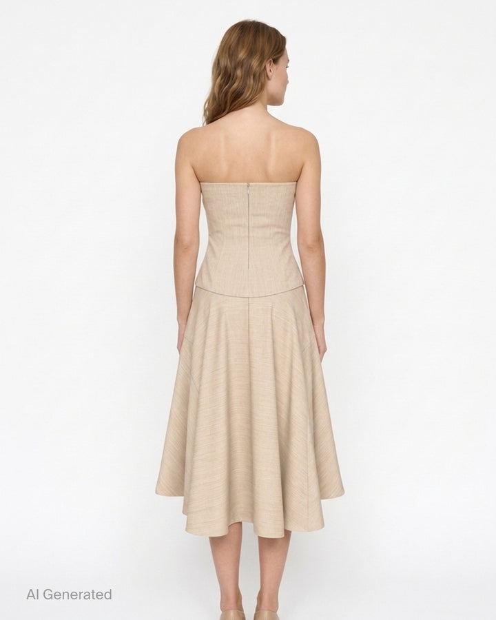 Jacquemus La Robe Paradiso strapless woven midi dress in oatmeal with a fitted bodice and flared asymmetric skirt - back