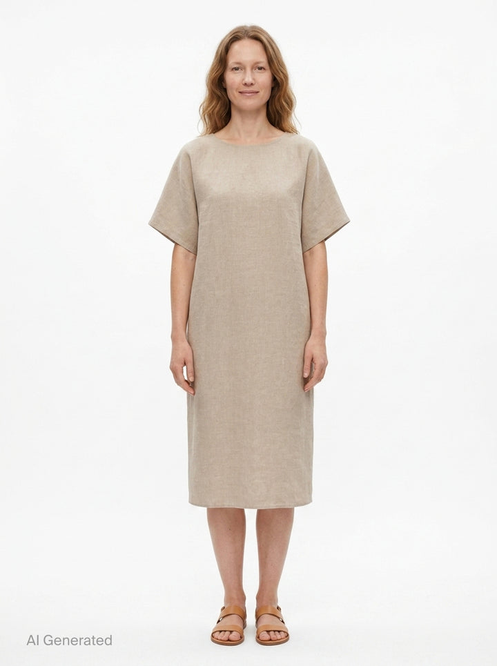 Jacquemus La Robe Poisson woven midi dress in natural beige, featuring a cocoon silhouette, angular short sleeves, and a wide boat neckline — back view on white background - front