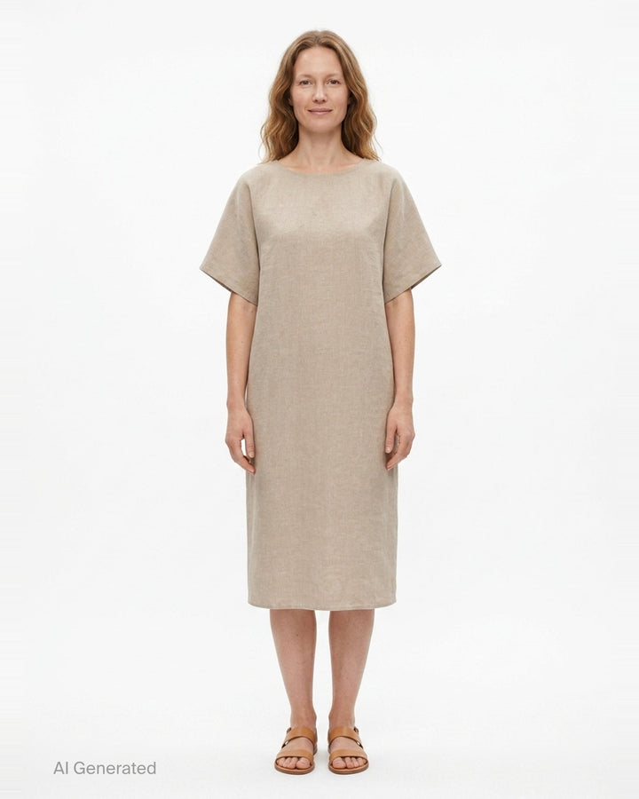 Jacquemus La Robe Poisson woven midi dress in natural beige, featuring a cocoon silhouette, angular short sleeves, and a wide boat neckline — back view on white background - front