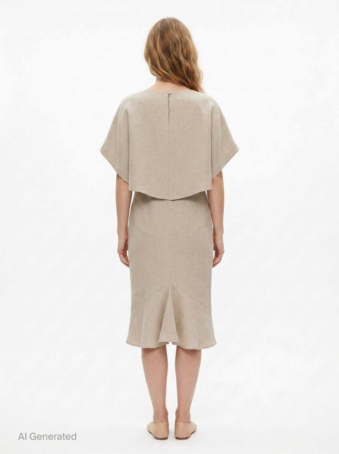 Jacquemus La Robe Poisson woven midi dress in natural beige, featuring a cocoon silhouette, angular short sleeves, and a wide boat neckline — back view on white background - back