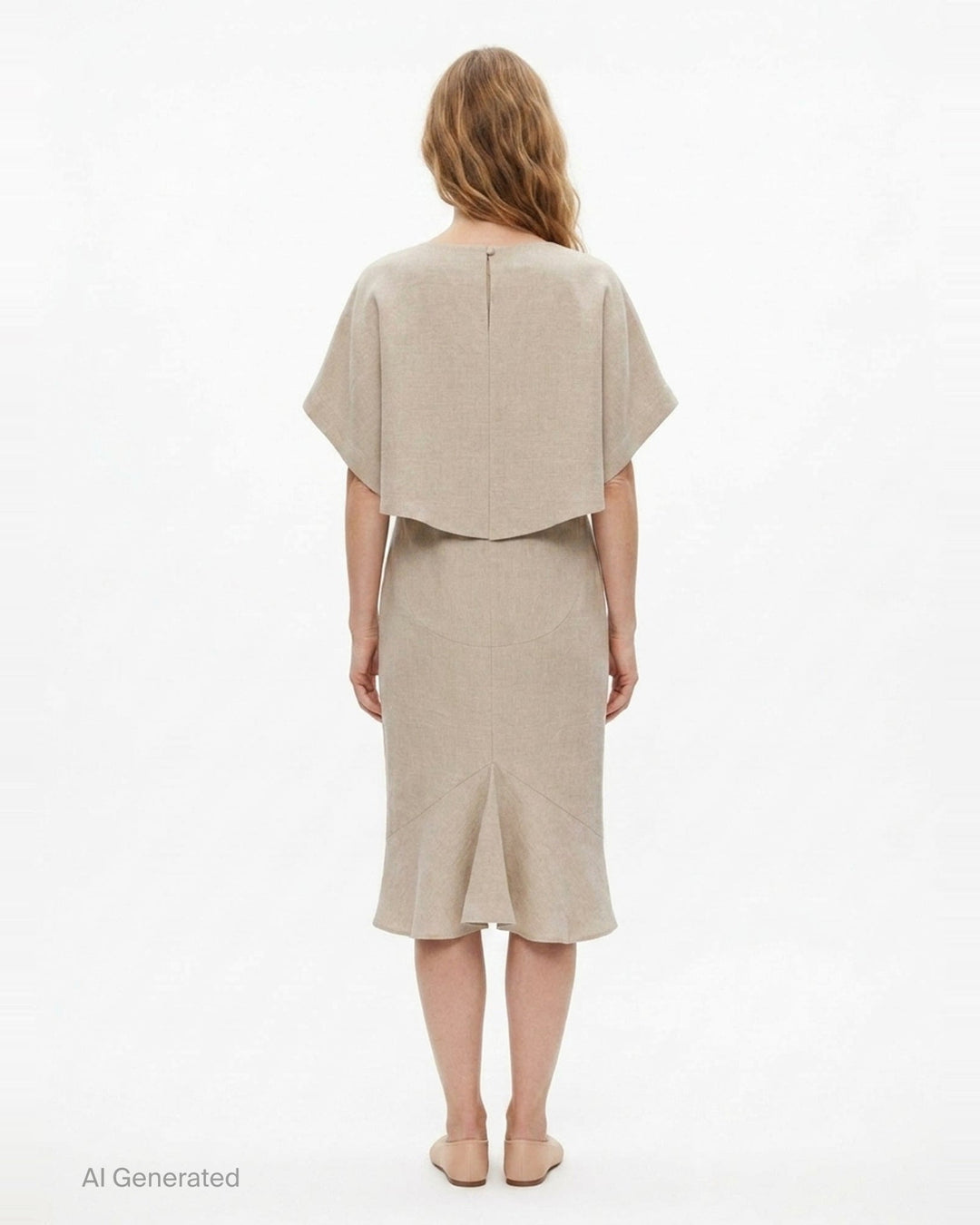 Jacquemus La Robe Poisson woven midi dress in natural beige, featuring a cocoon silhouette, angular short sleeves, and a wide boat neckline — back view on white background - back