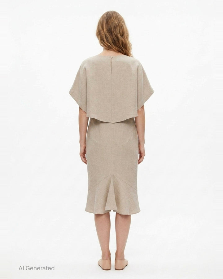 Jacquemus La Robe Poisson woven midi dress in natural beige, featuring a cocoon silhouette, angular short sleeves, and a wide boat neckline — back view on white background - back