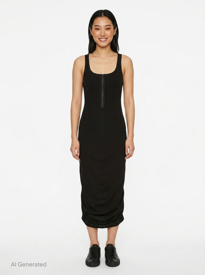 Jacquemus La Robe Regata black sleeveless jersey midi dress with ruched hem and back zip closure, shown from the back - front