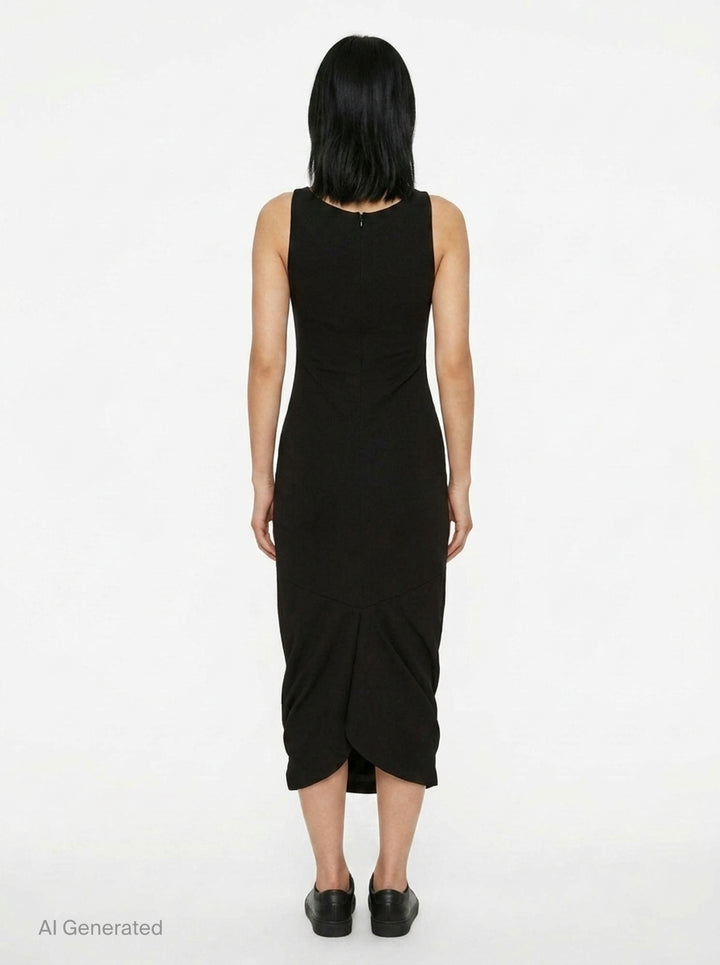 Jacquemus La Robe Regata black sleeveless jersey midi dress with ruched hem and back zip closure, shown from the back - back