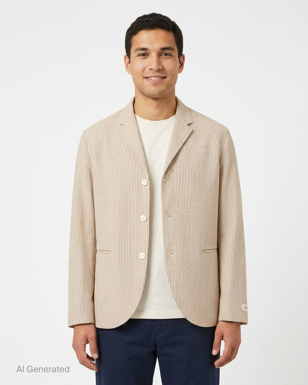 Jacquemus La Veste Palmier cream pinstriped three-button blazer with notched lapel, welt pockets and curved hem - front
