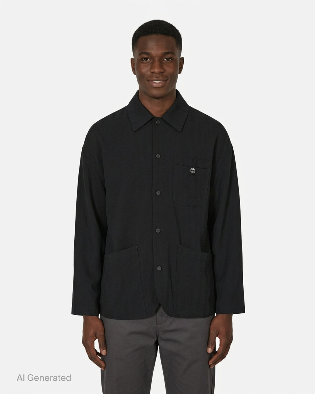 Jacquemus La Veste Strada black button-up chore jacket with chest pocket and two oversized front patch pockets - front