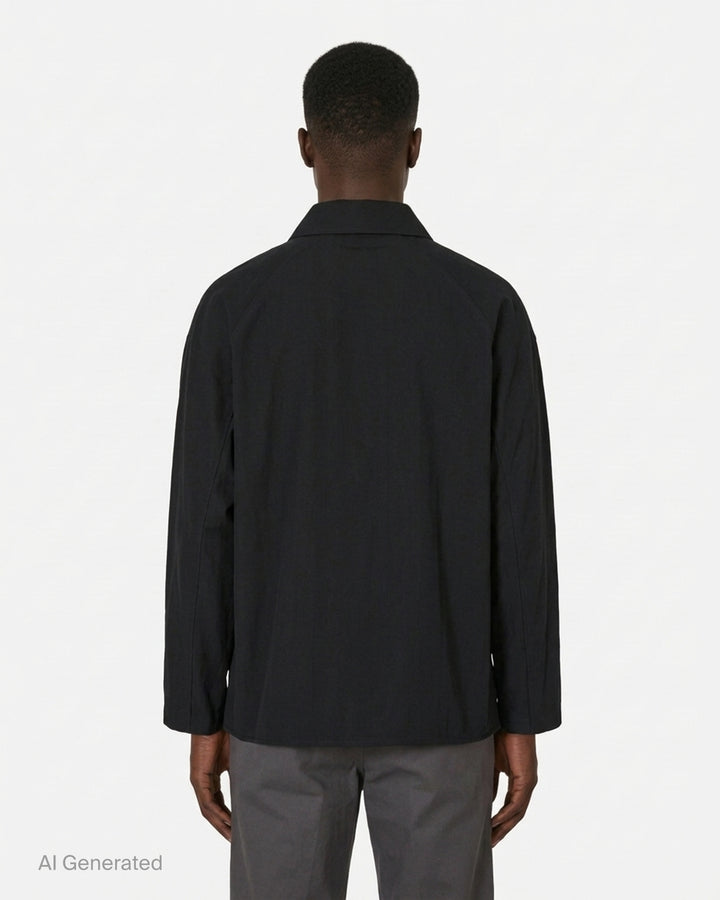 Jacquemus La Veste Strada black button-up chore jacket with chest pocket and two oversized front patch pockets - back
