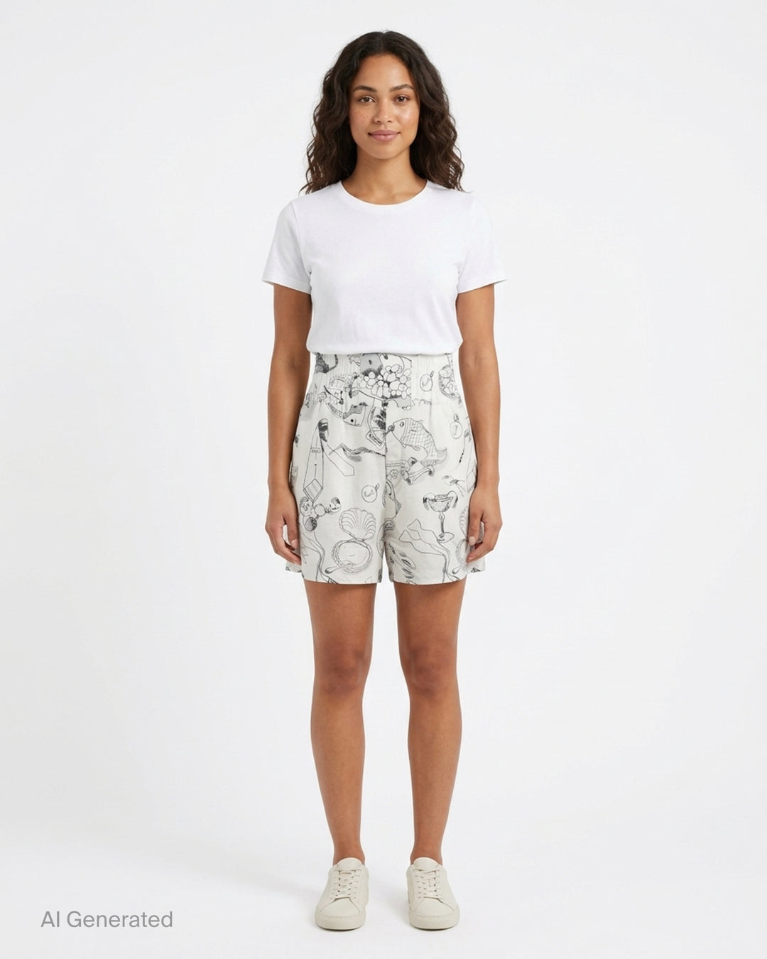 Jacquemus Le Boxer shorts in white with a black and grey illustrated print of shells, fish, grapes and champagne coupes, shown with a smocked high waistband - front