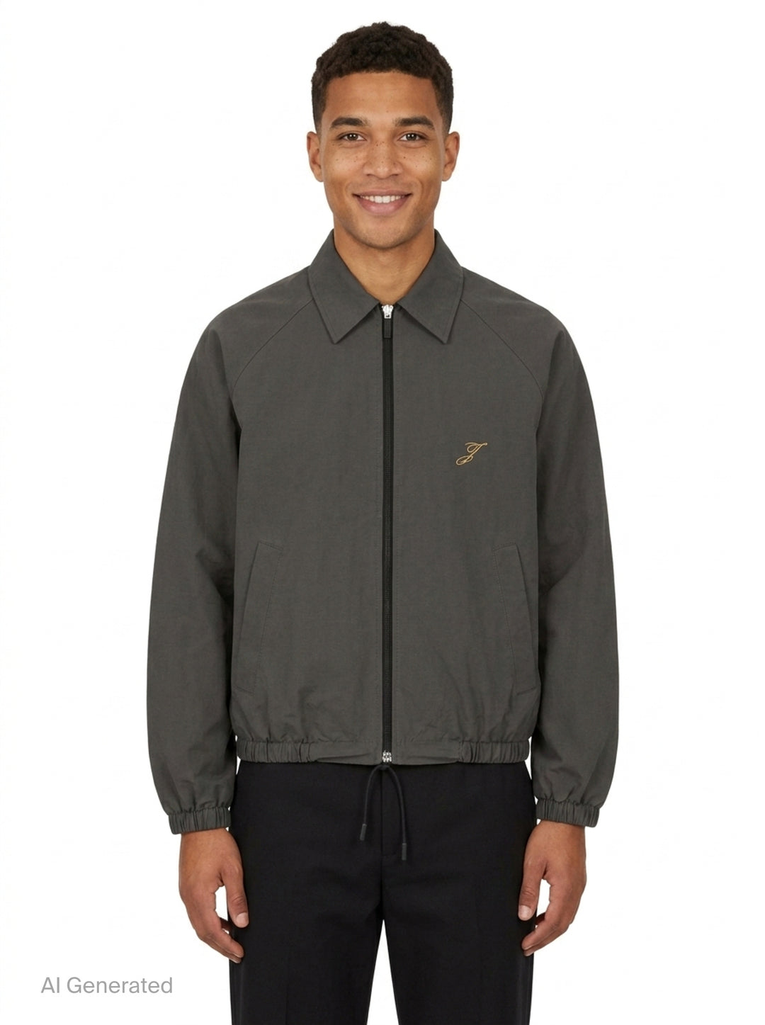 Jacquemus Le Coupe-Vent blouson in slate grey with full-length zip closure, gold script 'J' embroidery on the chest, elasticated cuffs, and drawstring hem - front