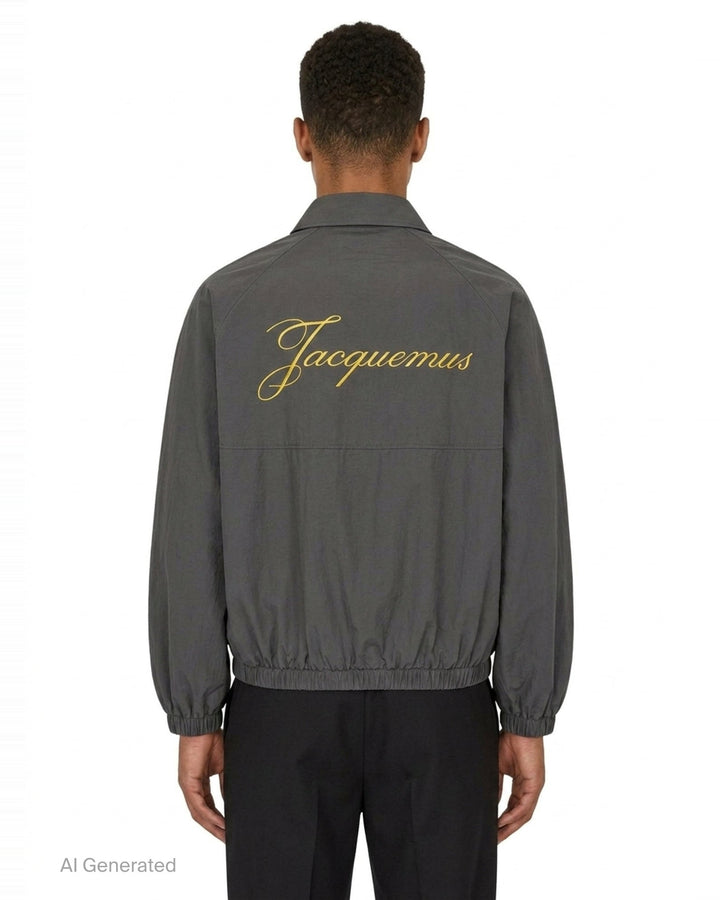 Jacquemus Le Coupe-Vent blouson in slate grey with full-length zip closure, gold script 'J' embroidery on the chest, elasticated cuffs, and drawstring hem - back