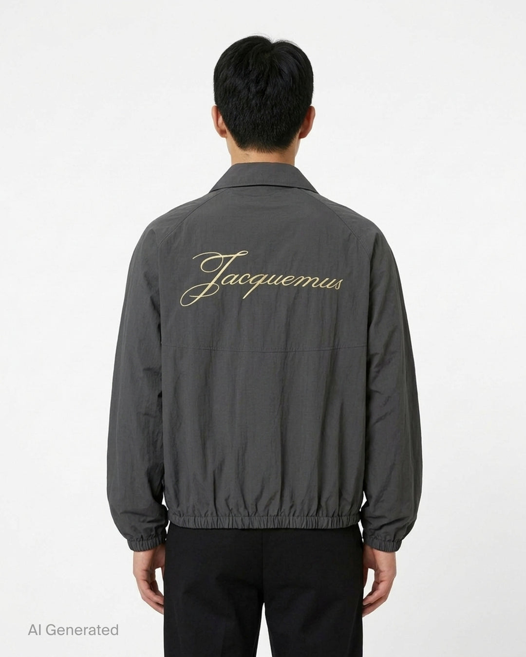 Jacquemus Le Coupe-Vent charcoal grey zip-up windbreaker with collar, elasticated cuffs and hem, and embroidered gold monogram on the chest - back