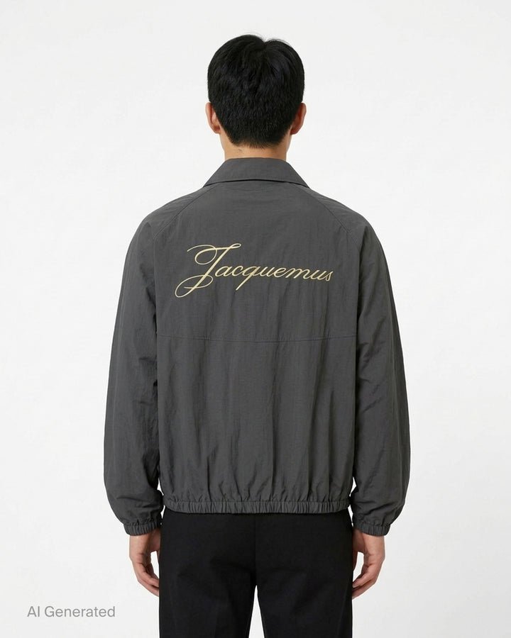 Jacquemus Le Coupe-Vent charcoal grey zip-up windbreaker with collar, elasticated cuffs and hem, and embroidered gold monogram on the chest - back