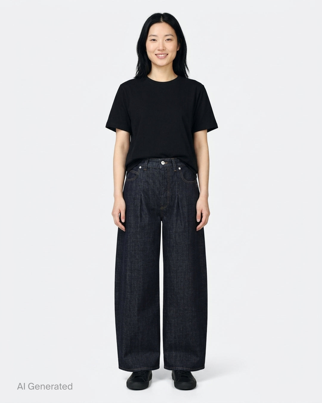 Jacquemus Le De-Nîmes Ovalo jeans in dark indigo denim with a curved barrel leg, front pleats and contrast topstitching - front