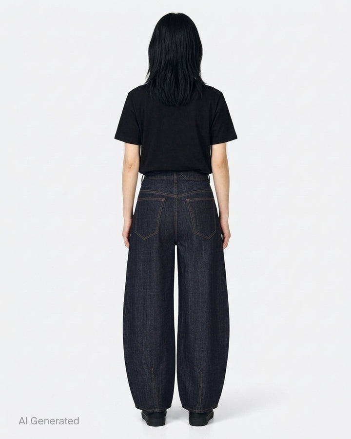 Jacquemus Le De-Nîmes Ovalo jeans in dark indigo denim with a curved barrel leg, front pleats and contrast topstitching - back