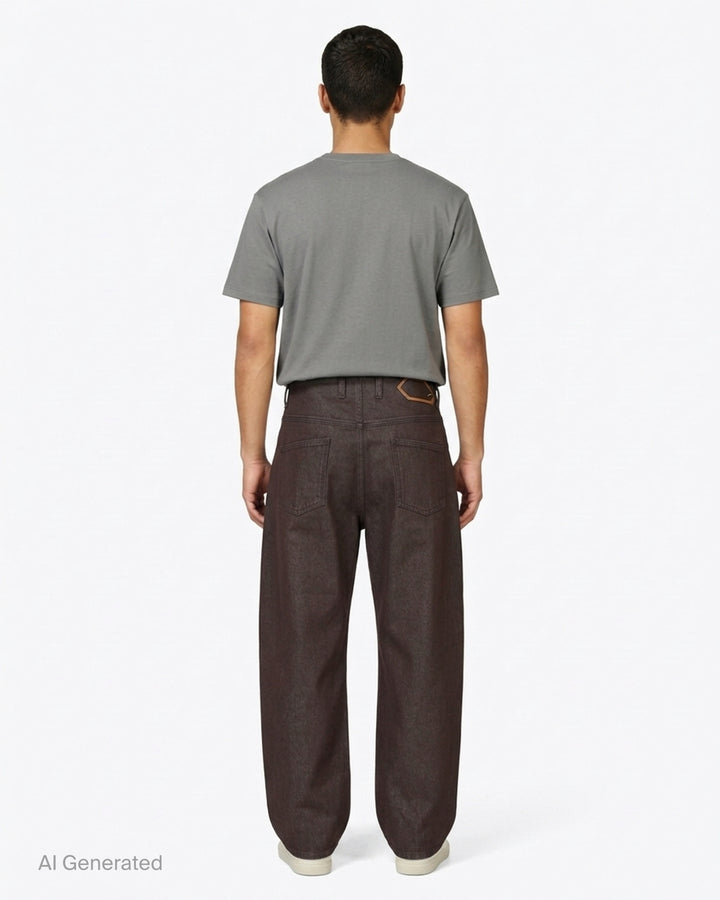 Jacquemus Le De-Nîmes Tempo high-rise curved wide-leg jeans in brown denim, front view - back