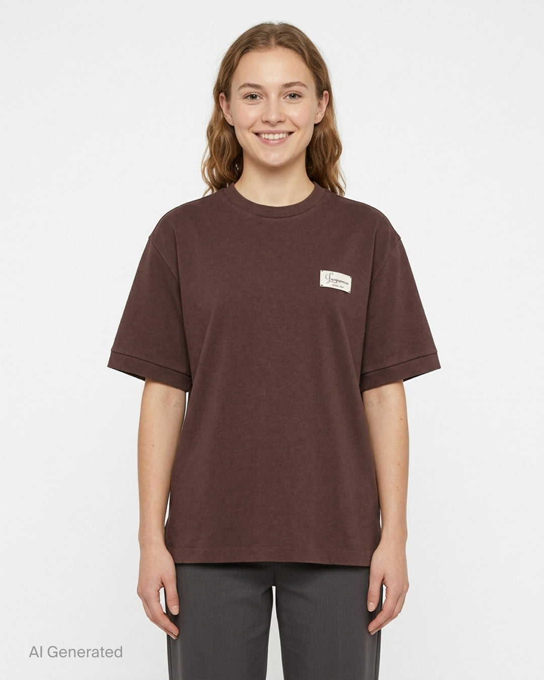 Jacquemus Le Montaigne oversized short sleeve tee in chocolate brown with woven script label on the chest - front
