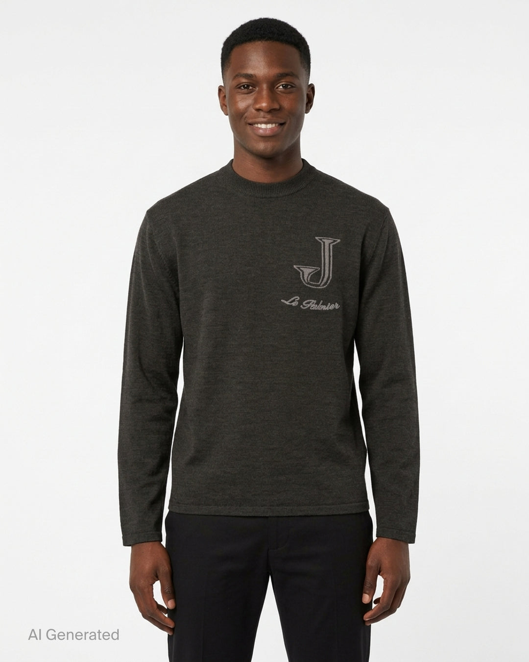Jacquemus charcoal knit sweater with mock neckline and intarsia J monogram with Le Palmier script at the chest - front