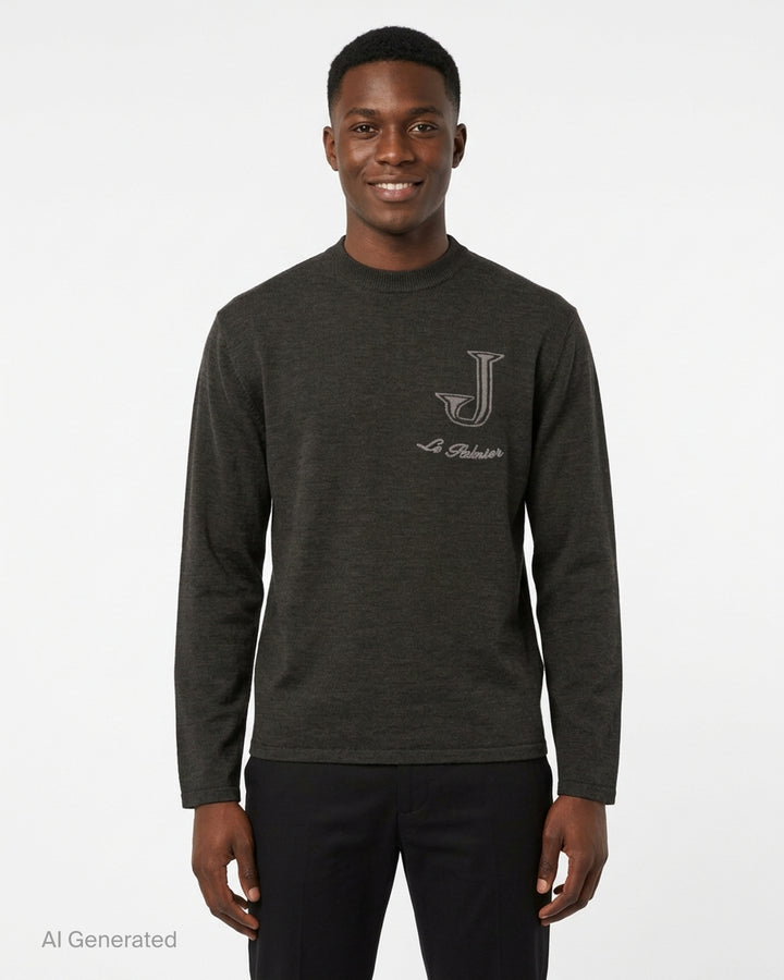 Jacquemus charcoal knit sweater with mock neckline and intarsia J monogram with Le Palmier script at the chest - front