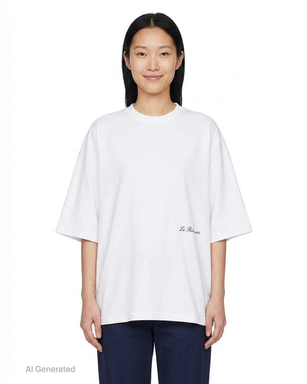 Jacquemus Le Palmier oversized white cotton tee with drop shoulders and 'Le Palmier' script embroidery at the hem, product flat lay - front
