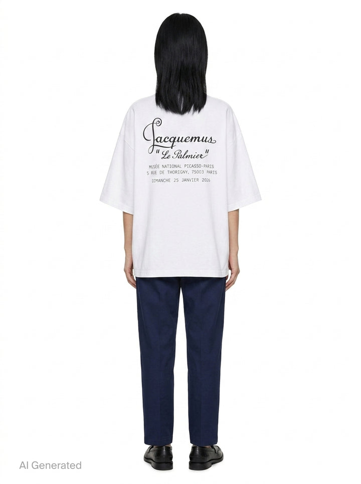 Jacquemus Le Palmier oversized white cotton tee with drop shoulders and 'Le Palmier' script embroidery at the hem, product flat lay - back