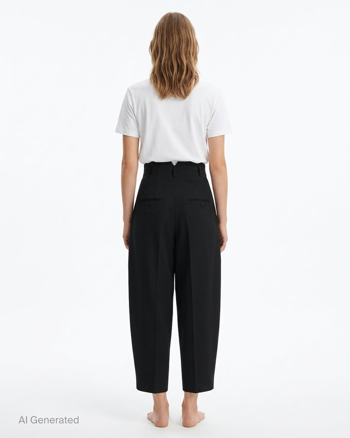 Jacquemus Le Pantalon Miami black high-waisted trousers with a curved wide leg and cropped tapered hem, front view - back