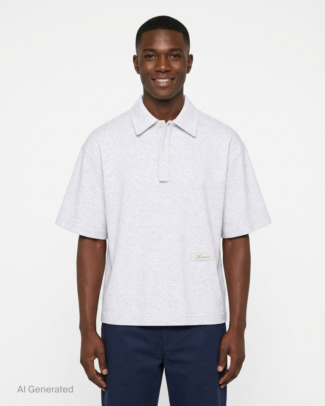 Jacquemus Le Polo Ruban in heather grey with a pointed collar, two-button placket and woven ribbon label at the hem - front