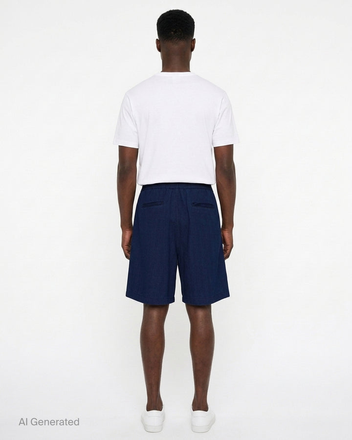 Jacquemus Le Short De-Nîmes Venice relaxed pleated shorts in deep indigo denim with elasticated waistband and button placket - back