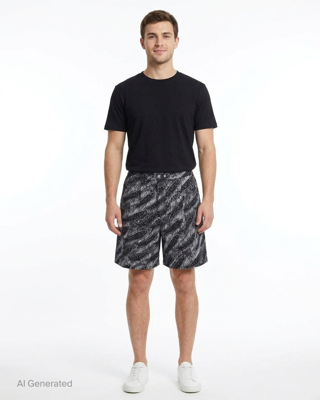 Jacquemus Le Short Pyjama shorts in a black and white chalk-drawn fish print with an elasticated waist and two-button front - front