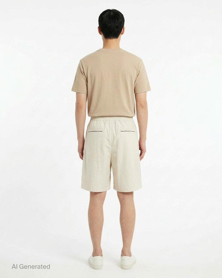 Jacquemus Le Short Pyjama cream pleated shorts with elasticated waistband, button closure and side piping, shown from the front - back