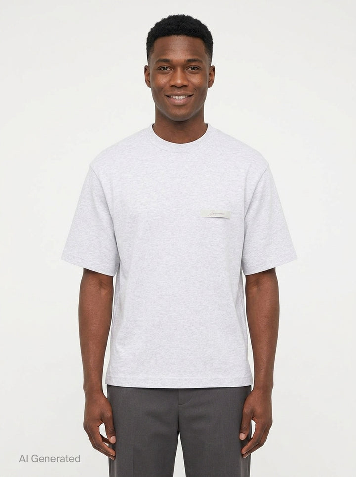 Jacquemus Le T-Shirt Ruban in charcoal grey, featuring a boxy silhouette, crew neckline, and a tonal signature woven label patch at the chest - front