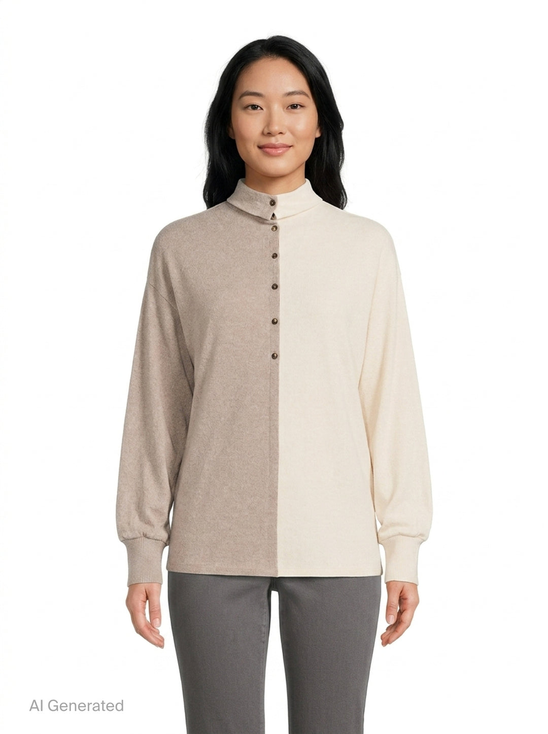 Jacquemus Losange two-tone knit top with vertical colourblock split in oat and cream, featuring a mock turtleneck collar, snap-button placket, and blouson long sleeves with ribbed cuffs - front