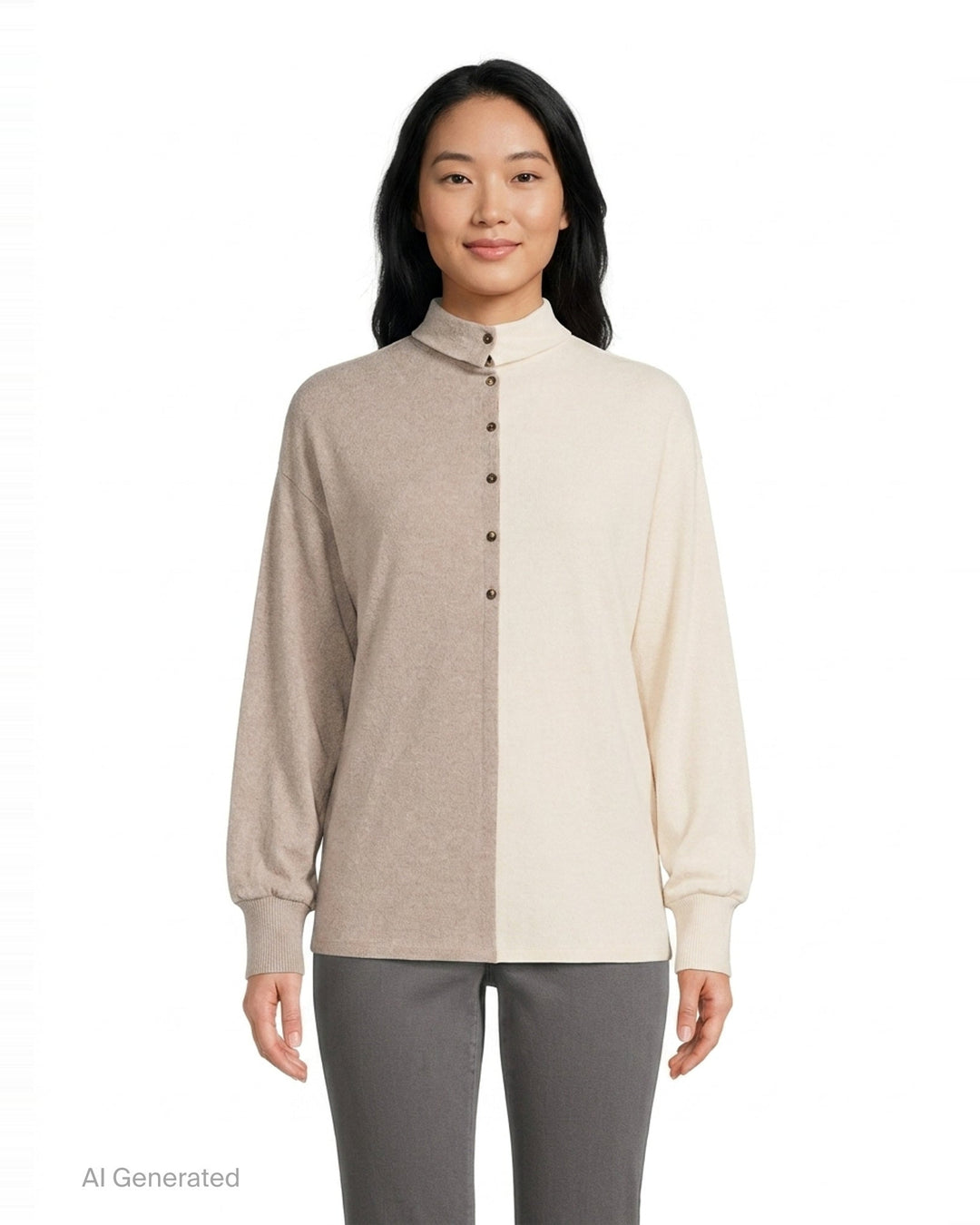 Jacquemus Losange two-tone knit top with vertical colourblock split in oat and cream, featuring a mock turtleneck collar, snap-button placket, and blouson long sleeves with ribbed cuffs - front