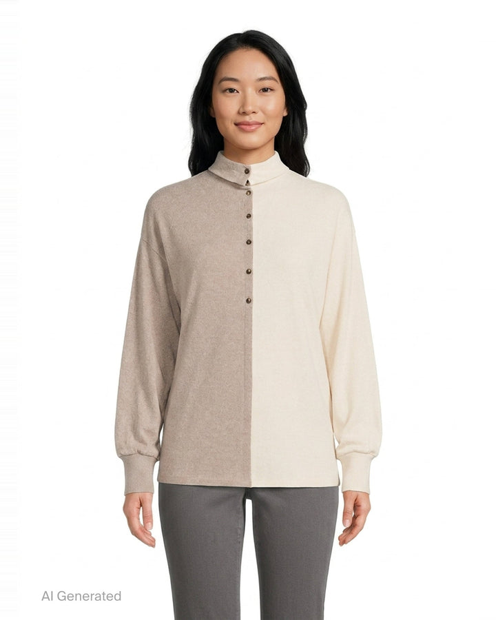 Jacquemus Losange two-tone knit top with vertical colourblock split in oat and cream, featuring a mock turtleneck collar, snap-button placket, and blouson long sleeves with ribbed cuffs - front