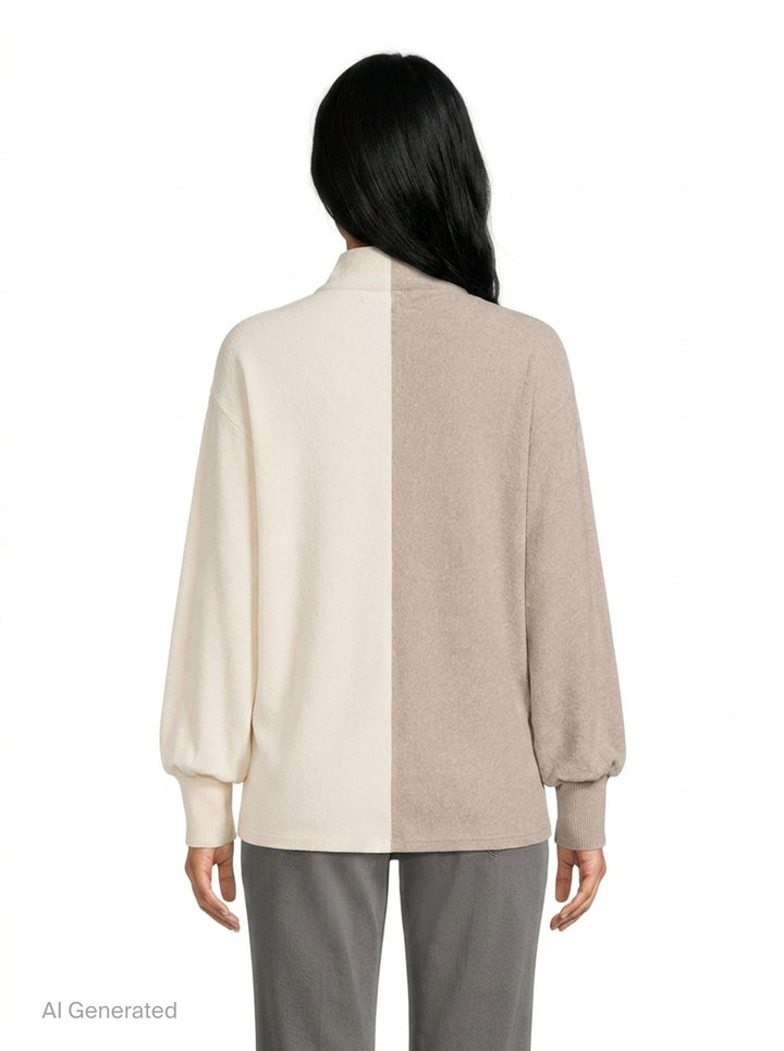 Jacquemus Losange two-tone knit top with vertical colourblock split in oat and cream, featuring a mock turtleneck collar, snap-button placket, and blouson long sleeves with ribbed cuffs - back