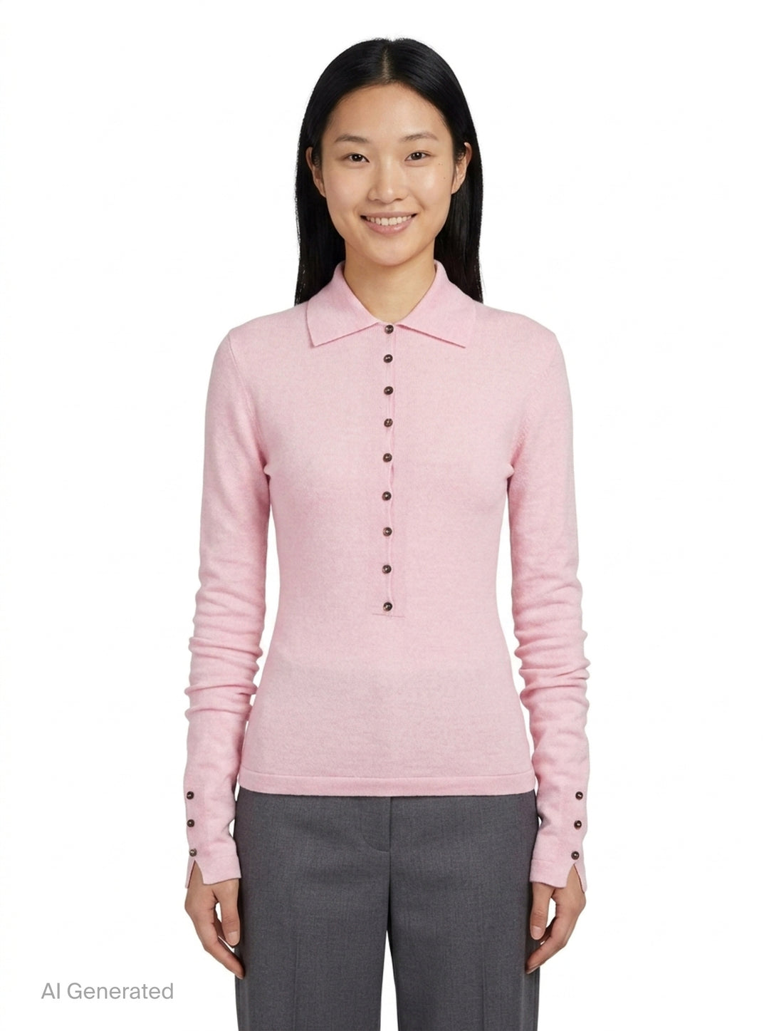 Jacquemus Le Polo Merino long-sleeve knit polo in blush pink with dark snap-button placket, ruched sleeves, and snap-button cuffs, displayed on a flat lay against a white background - front