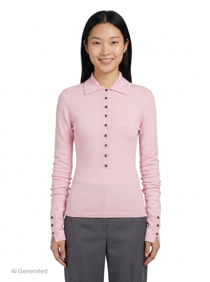 Jacquemus Le Polo Merino long-sleeve knit polo in blush pink with dark snap-button placket, ruched sleeves, and snap-button cuffs, displayed on a flat lay against a white background - front