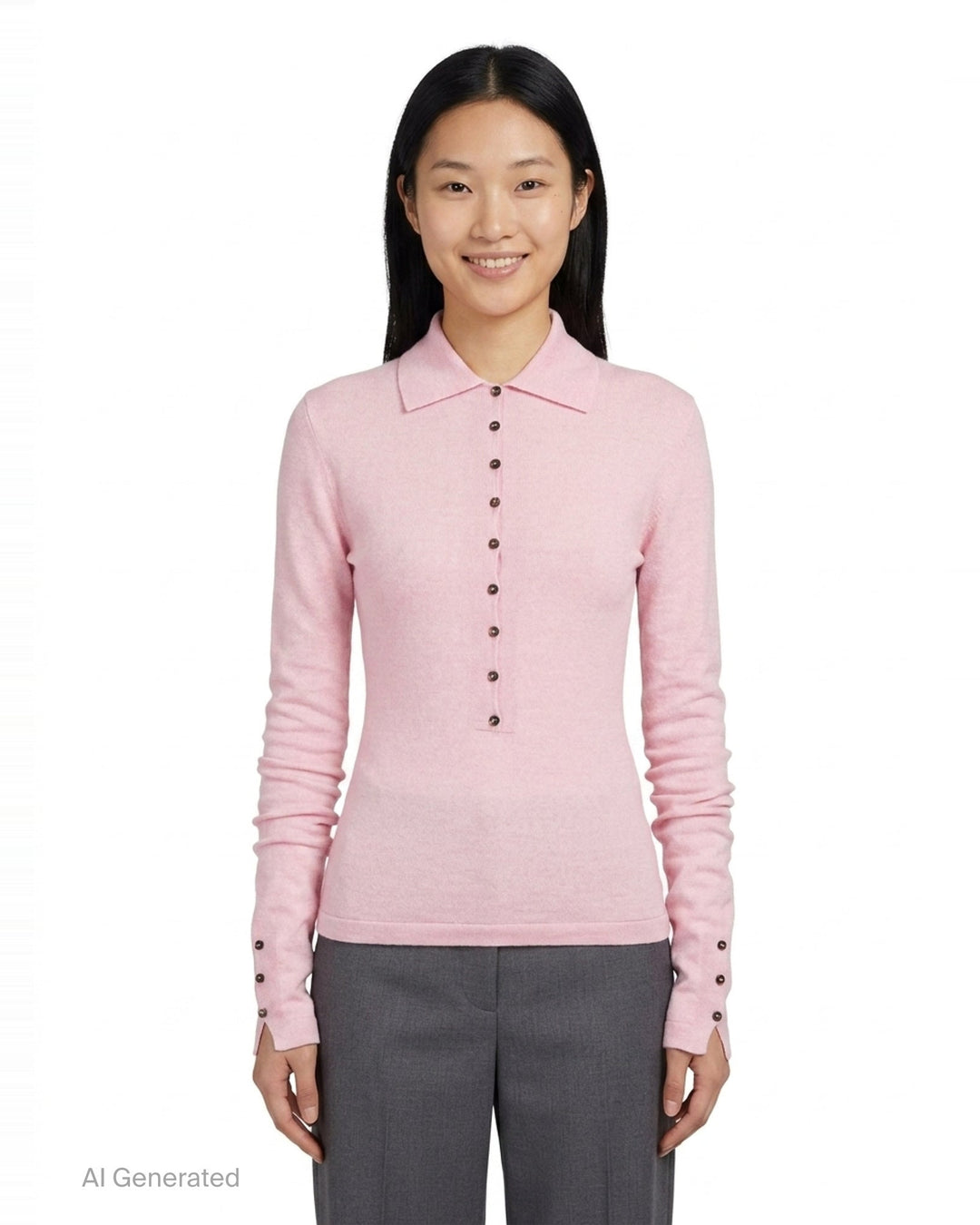 Jacquemus Le Polo Merino long-sleeve knit polo in blush pink with dark snap-button placket, ruched sleeves, and snap-button cuffs, displayed on a flat lay against a white background - front