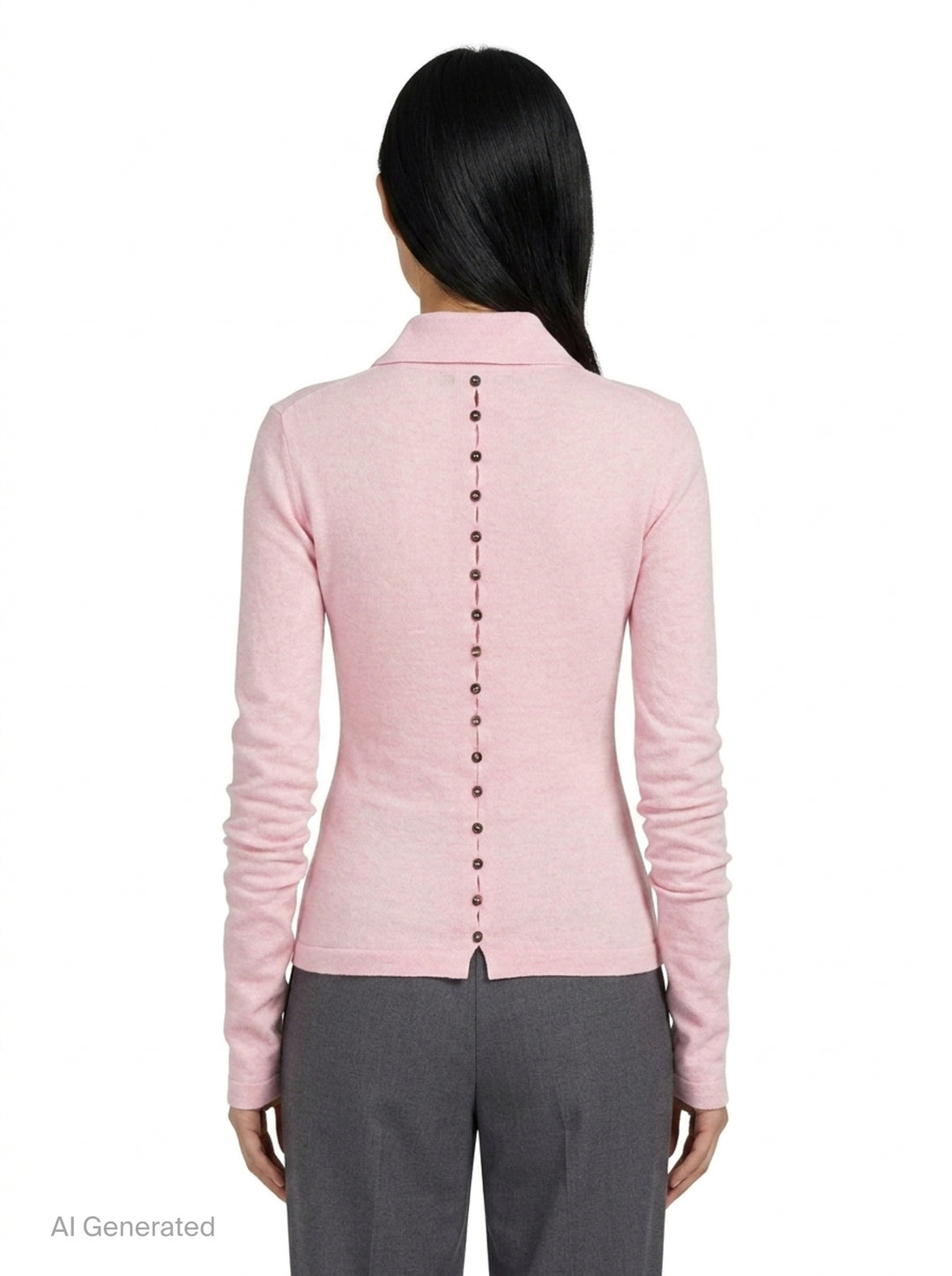 Jacquemus Le Polo Merino long-sleeve knit polo in blush pink with dark snap-button placket, ruched sleeves, and snap-button cuffs, displayed on a flat lay against a white background - back