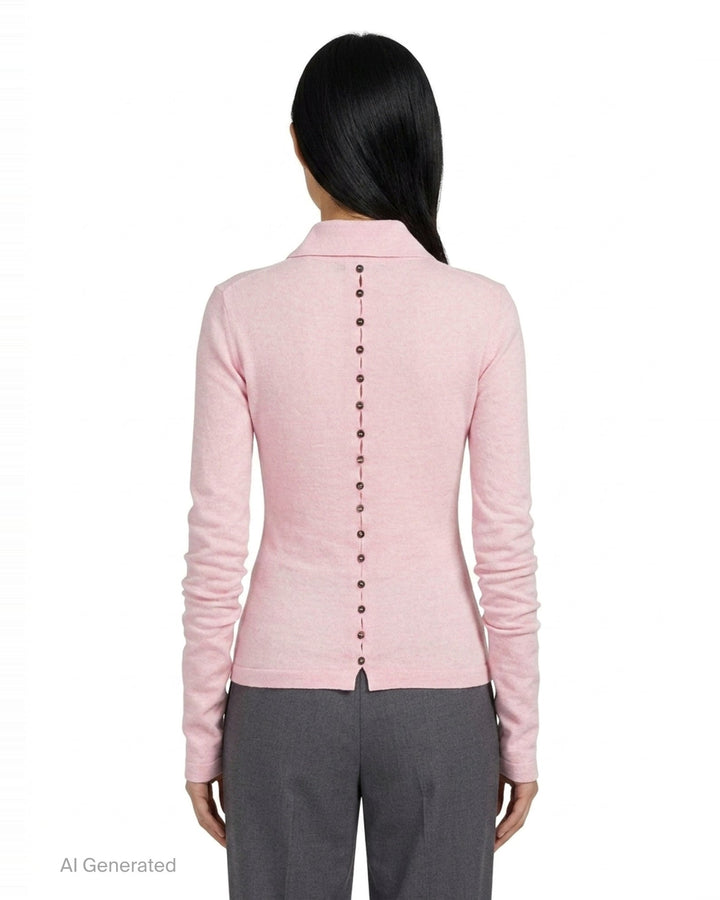 Jacquemus Le Polo Merino long-sleeve knit polo in blush pink with dark snap-button placket, ruched sleeves, and snap-button cuffs, displayed on a flat lay against a white background - back
