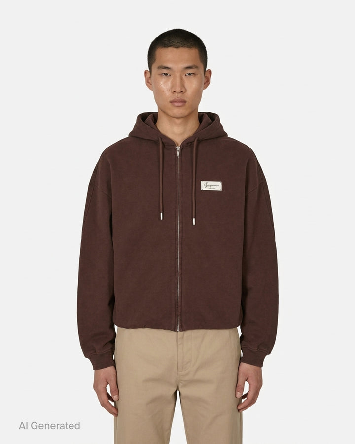 Jacquemus Montaigne oversized zip-up hoodie in beige with drawstring hood, ribbed cuffs and woven chest label - front