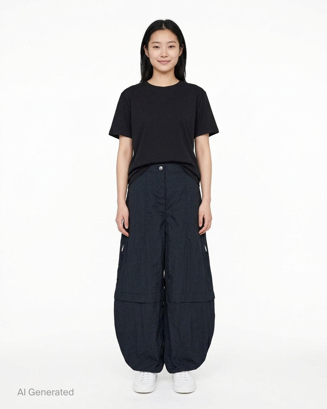 Jacquemus Oval Cargo Pants in navy with a high waist, side zip pockets and rounded balloon legs, shown from the front - front