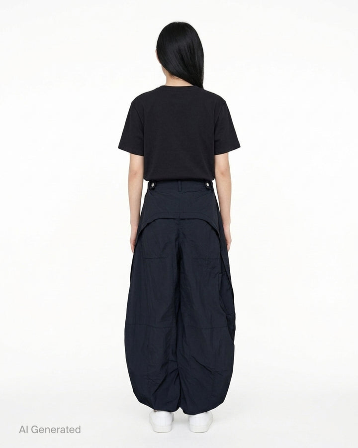 Jacquemus Oval Cargo Pants in navy with a high waist, side zip pockets and rounded balloon legs, shown from the front - back