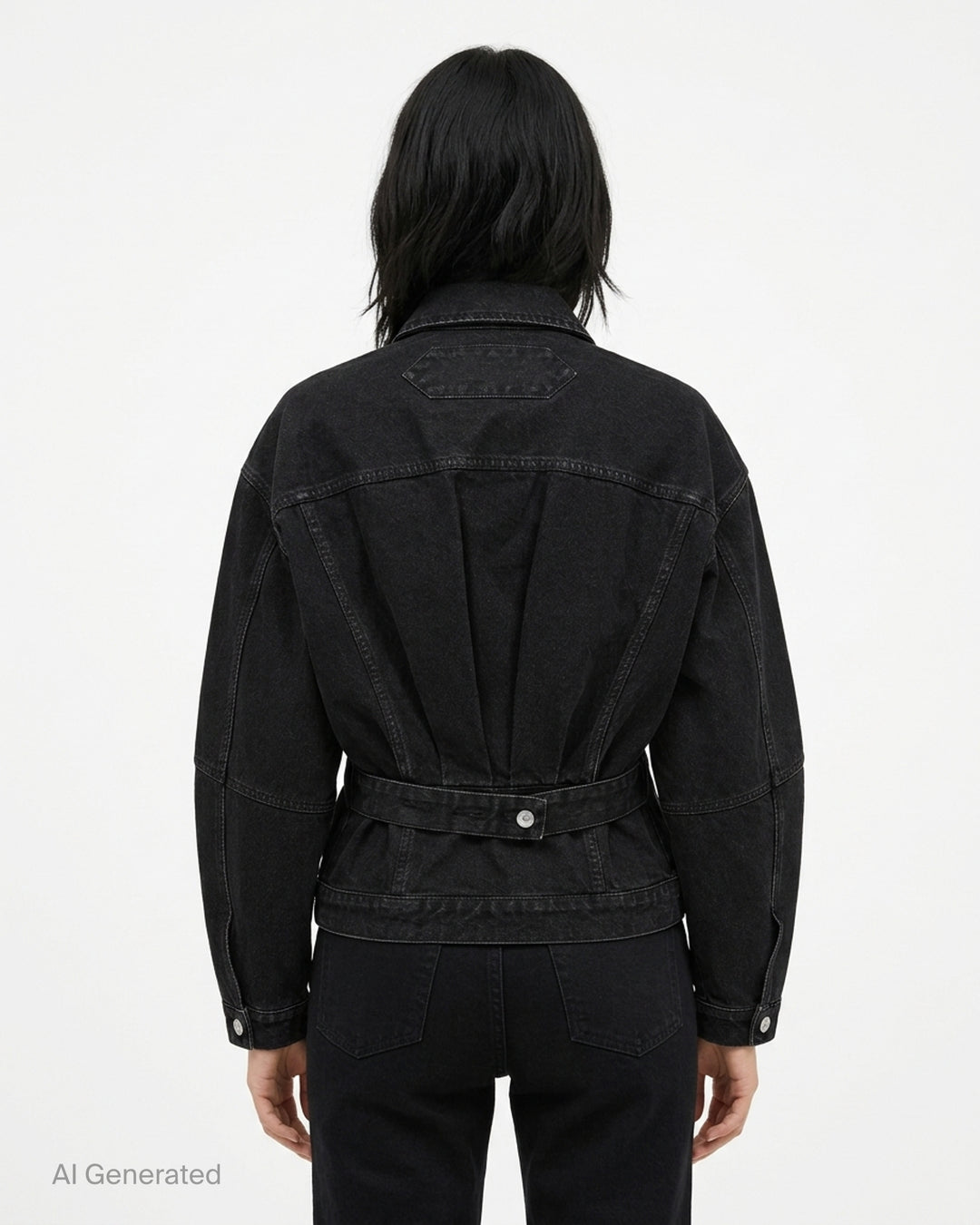 Jacquemus oversized black denim jacket with rounded sleeves, flap chest pockets and pearlised buttons, shown from the front - back