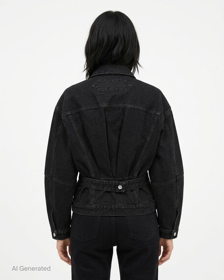 Jacquemus oversized black denim jacket with rounded sleeves, flap chest pockets and pearlised buttons, shown from the front - back
