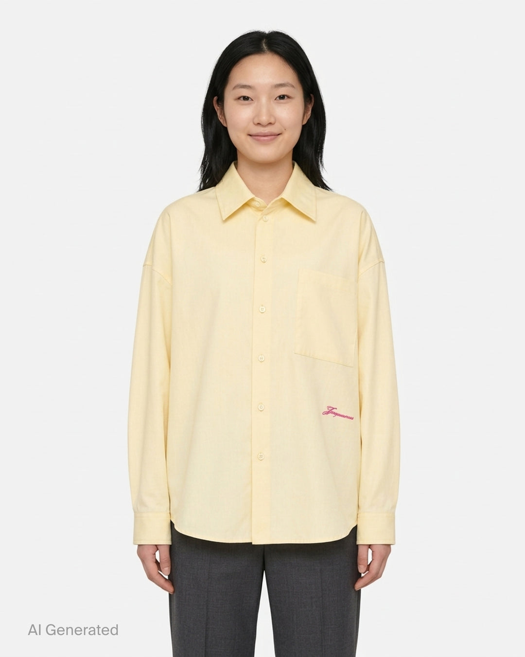 Jacquemus oversized pale yellow button-down shirt with chest patch pocket and pink script logo embroidery at the hem - front