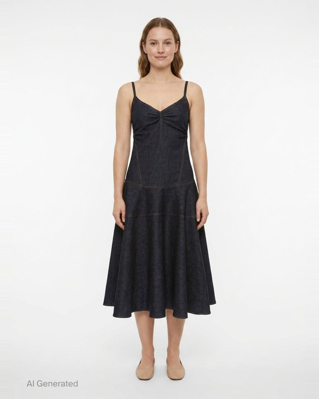 Jacquemus Pina dark indigo denim midi dress with ruched V-neckline, spaghetti straps, and a full drop-waist flared skirt with contrast topstitching, displayed on a plain white background - front