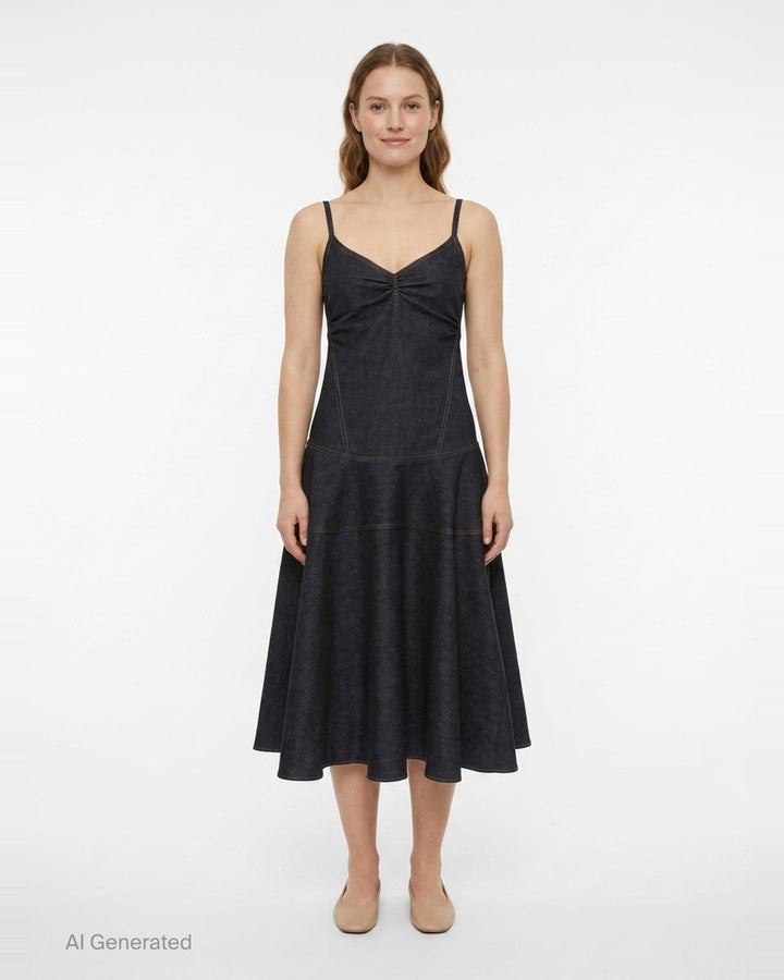 Jacquemus Pina dark indigo denim midi dress with ruched V-neckline, spaghetti straps, and a full drop-waist flared skirt with contrast topstitching, displayed on a plain white background - front